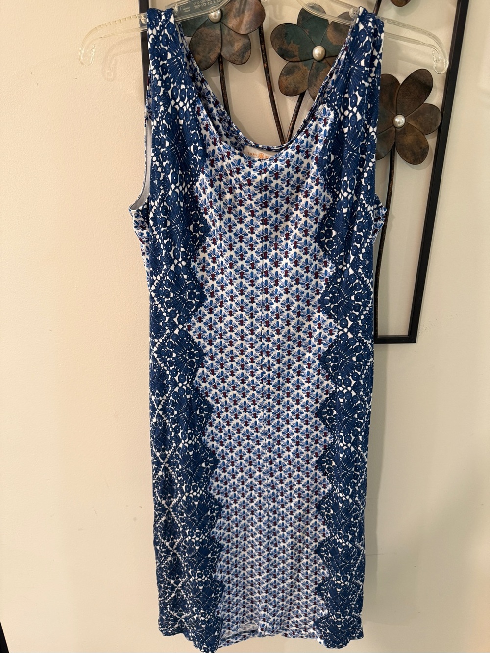 Tory Burch Navy and White Printed Sleeveless Sheath Dress